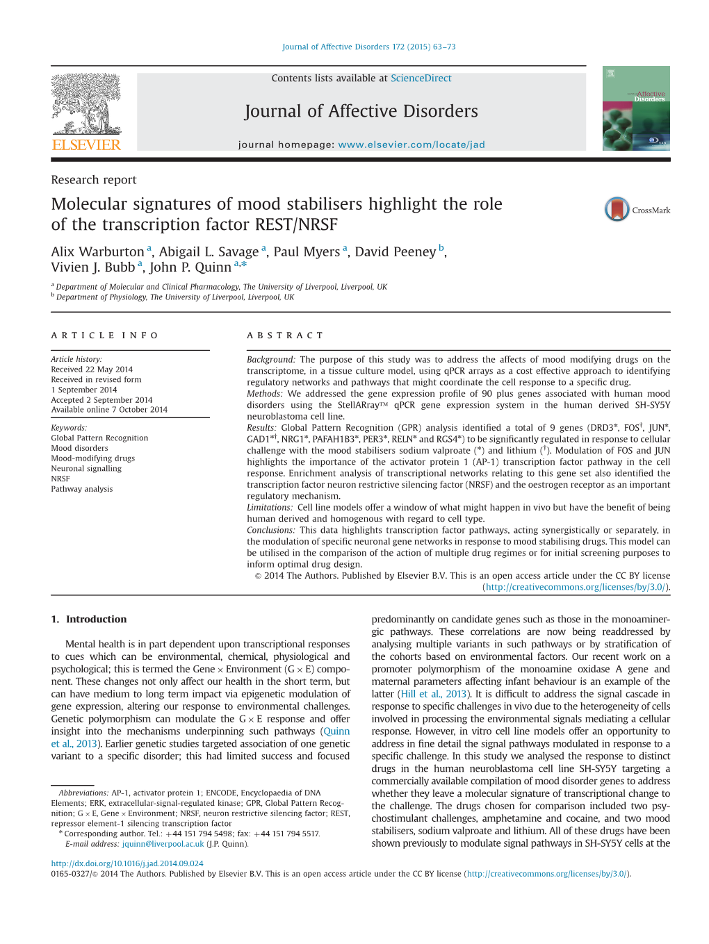 Molecular Signatures of Mood Stabilisers Highlight the Role of the Transcription Factor REST/NRSF