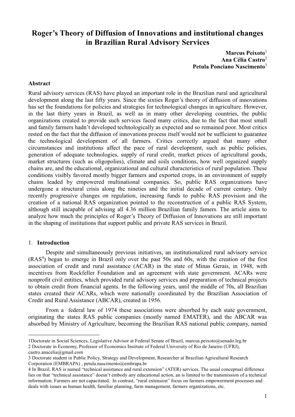 Roger's Theory of Diffusion of Innovations and Institutional