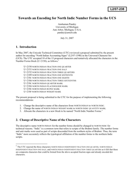 Towards an Encoding for North Indic Number Forms in the UCS