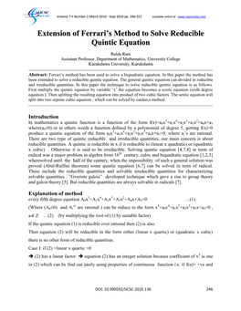 Extension of Ferrari's Method to Solve Reducible Quintic Equation