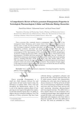 A Comprehensive Review of Punica Granatum (Pomegranate) Properties in Toxicological, Pharmacological, Cellular and Molecular Biology Researches