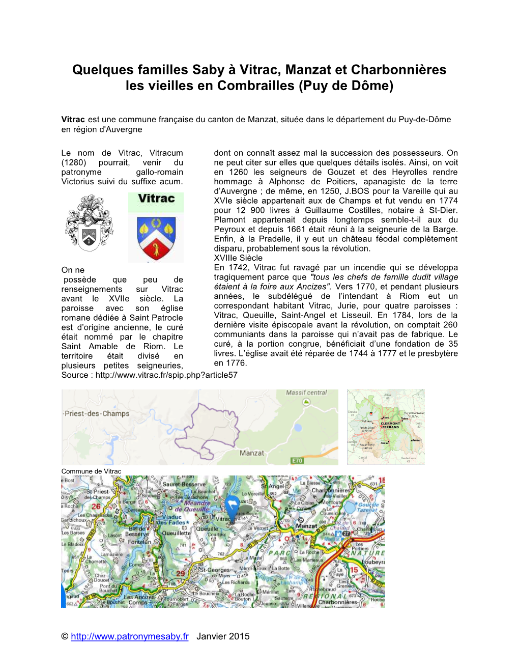 Quelques Familles Saby À Vitrac, Manzat Et Charbonnières Les Vieilles En Combrailles (Puy De Dôme)