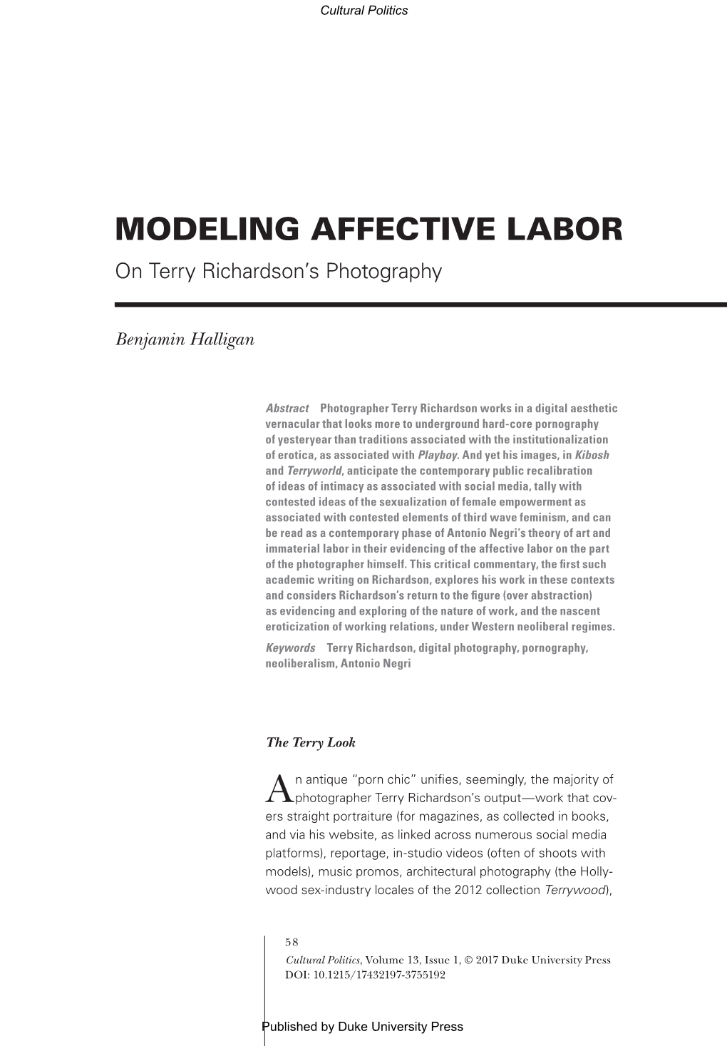 MODELING AFFECTIVE LABOR on Terry Richardson’S Photography
