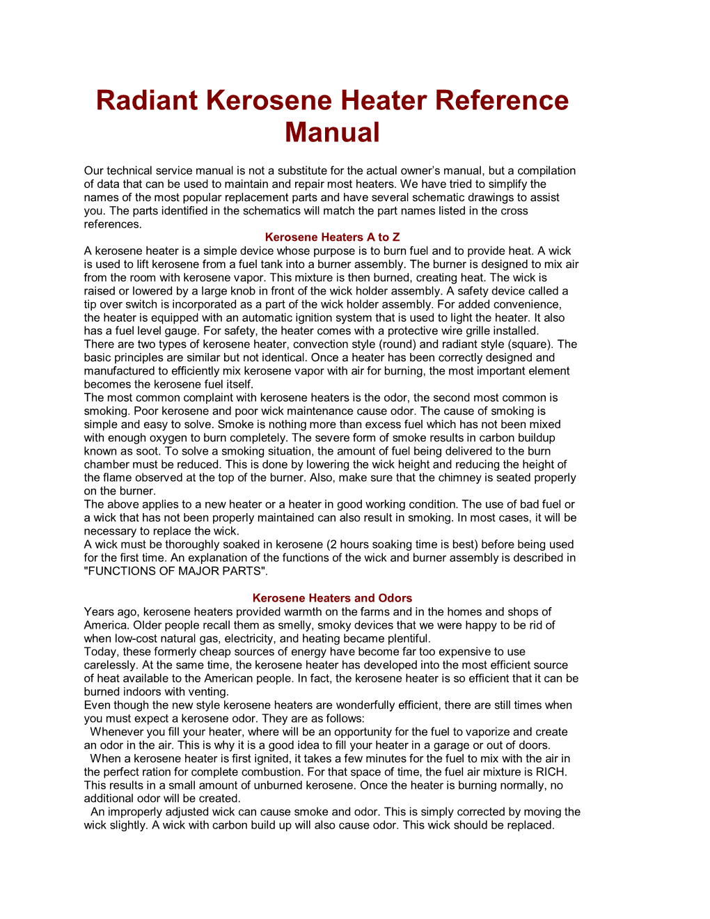 Radiant Kerosene Heater Reference Manual