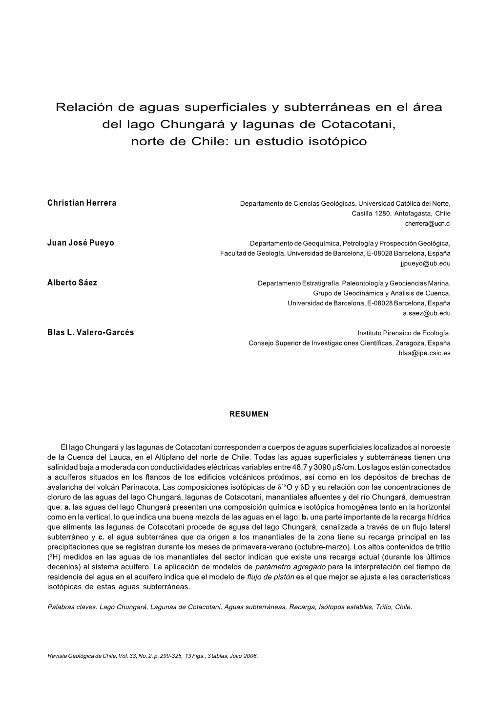 Relación De Aguas Superficiales Y Subterráneas En El Área Del Lago Chungará Y Lagunas De Cotacotani, Norte De Chile: Un Estudio Isotópico
