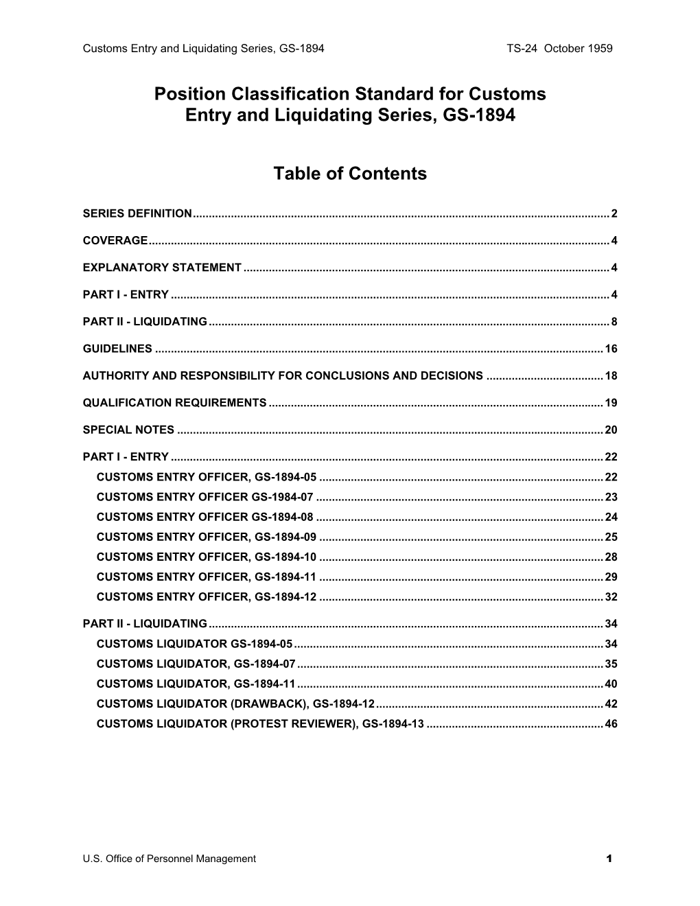 Position Classification Standard for Customs Entry and Liquidating Series, GS-1894