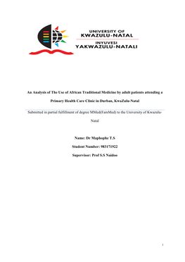 An Analysis of the Use of African Traditional Medicine by Adult Patients Attending A