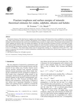 Fracture Toughness and Surface Energies of Minerals: Theoretical Estimates for Oxides, Sulphides, Silicates and Halides D