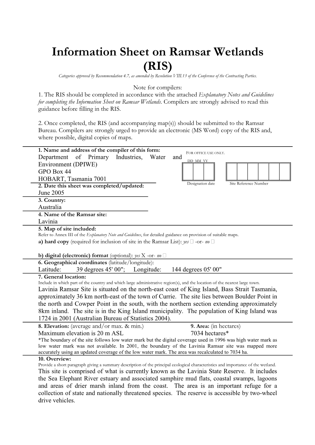 RIS) Categories Approved by Recommendation 4.7, As Amended by Resolution VIII.13 of the Conference of the Contracting Parties