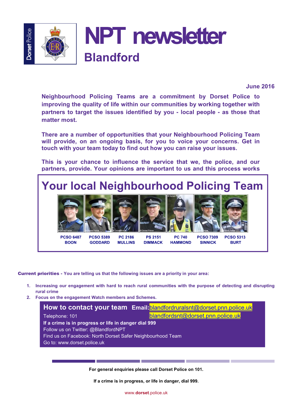 Neighbourhood Policing Team Newsletter June 2016