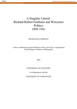 Richard Robert Fairbairn and Worcester Politics 1899-1941