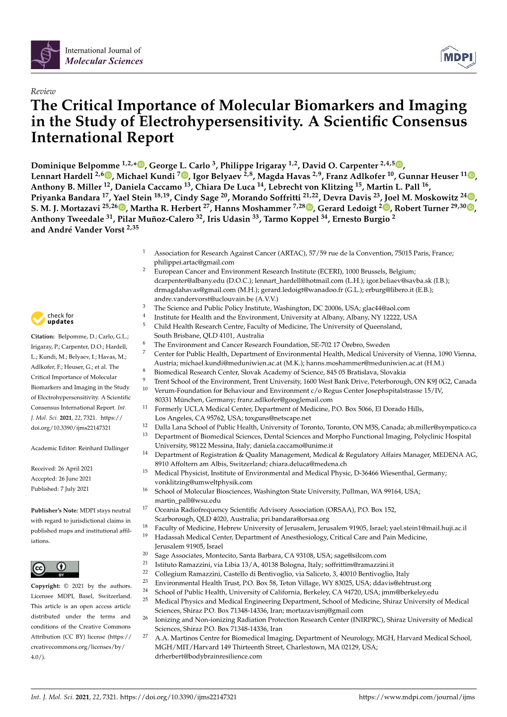 The Critical Importance of Molecular Biomarkers and Imaging in the Study of Electrohypersensitivity. a Scientific Consensus Inte