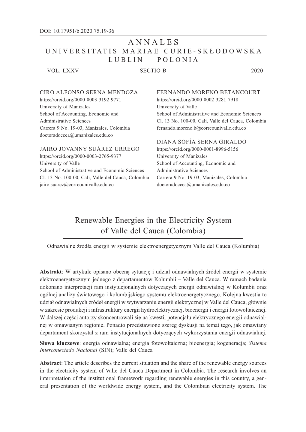 ANNALES Renewable Energies in the Electricity System of Valle Del Cauca (Colombia)