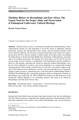 Maritime History in Mozambique and East Africa: the Urgent Need for the Proper Study and Preservation of Endangered Underwater Cultural Heritage