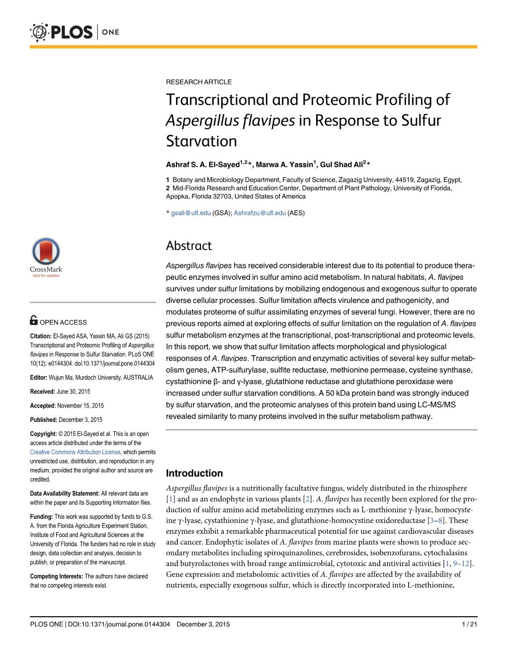 Transcriptional and Proteomic Profiling of Aspergillus Flavipes in Response to Sulfur Starvation