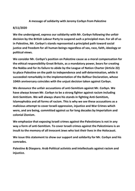 A Message of Solidarity with Jeremy Corbyn from Palestine 8/11/2020
