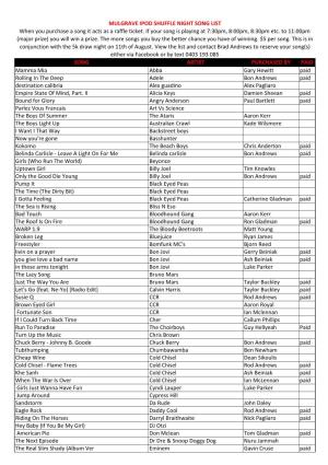 MULGRAVE IPOD SHUFFLE NIGHT SONG LIST When You Purchase a Song It Acts As a Raffle Ticket