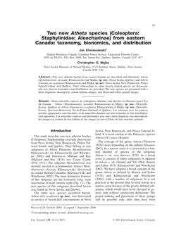 Two New Atheta Species (Coleoptera: Staphylinidae: Aleocharinae) from Eastern Canada: Taxonomy, Bionomics, and Distribution
