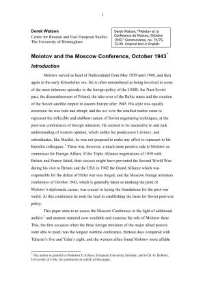 Molotov and the Moscow Conference, October 1943* Introduction