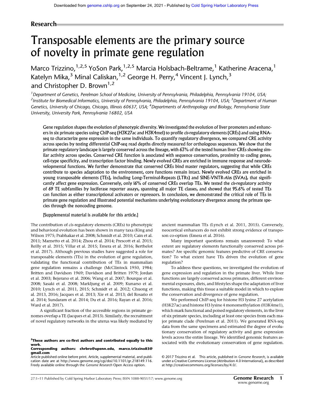 Transposable Elements Are the Primary Source of Novelty in Primate Gene Regulation