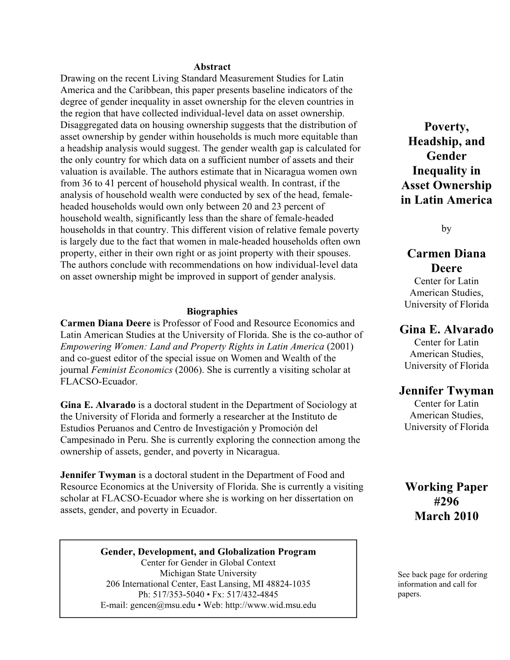 Poverty, Headship, and Gender Inequality in Asset Ownership in Latin America