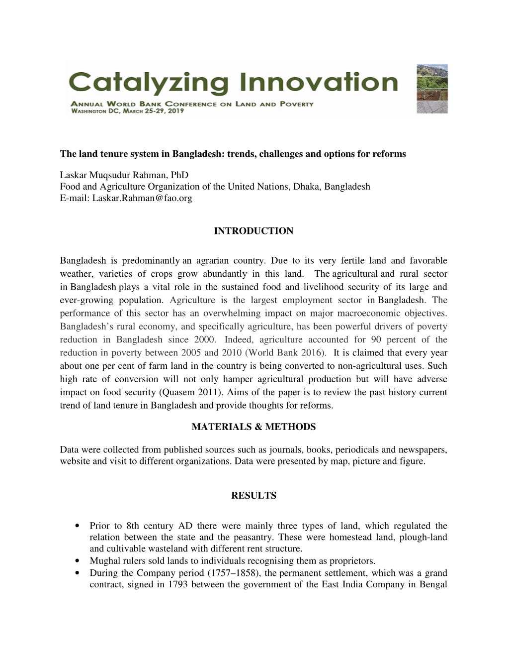 The Land Tenure System in Bangladesh: Trends, Challenges and Options for Reforms