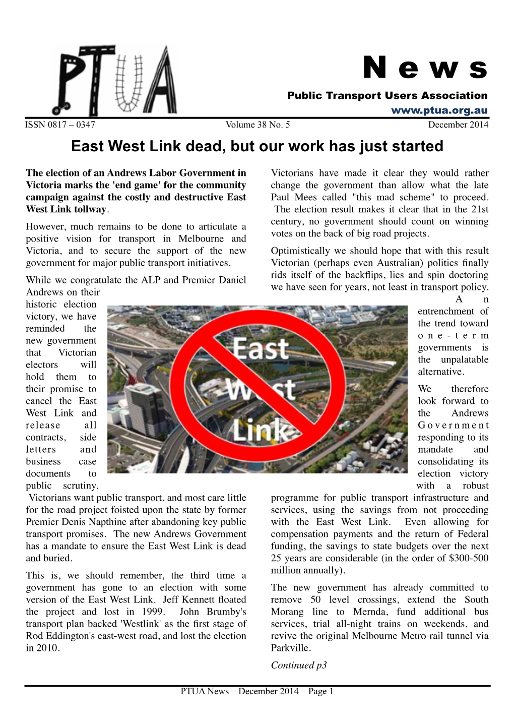 December 2014 East West Link Dead, but Our Work Has Just Started