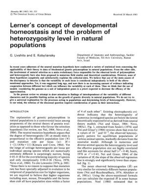 Lerner's Concept of Developmental Homeostasis and the Problem of Heterozygosity Level in Natural Populations