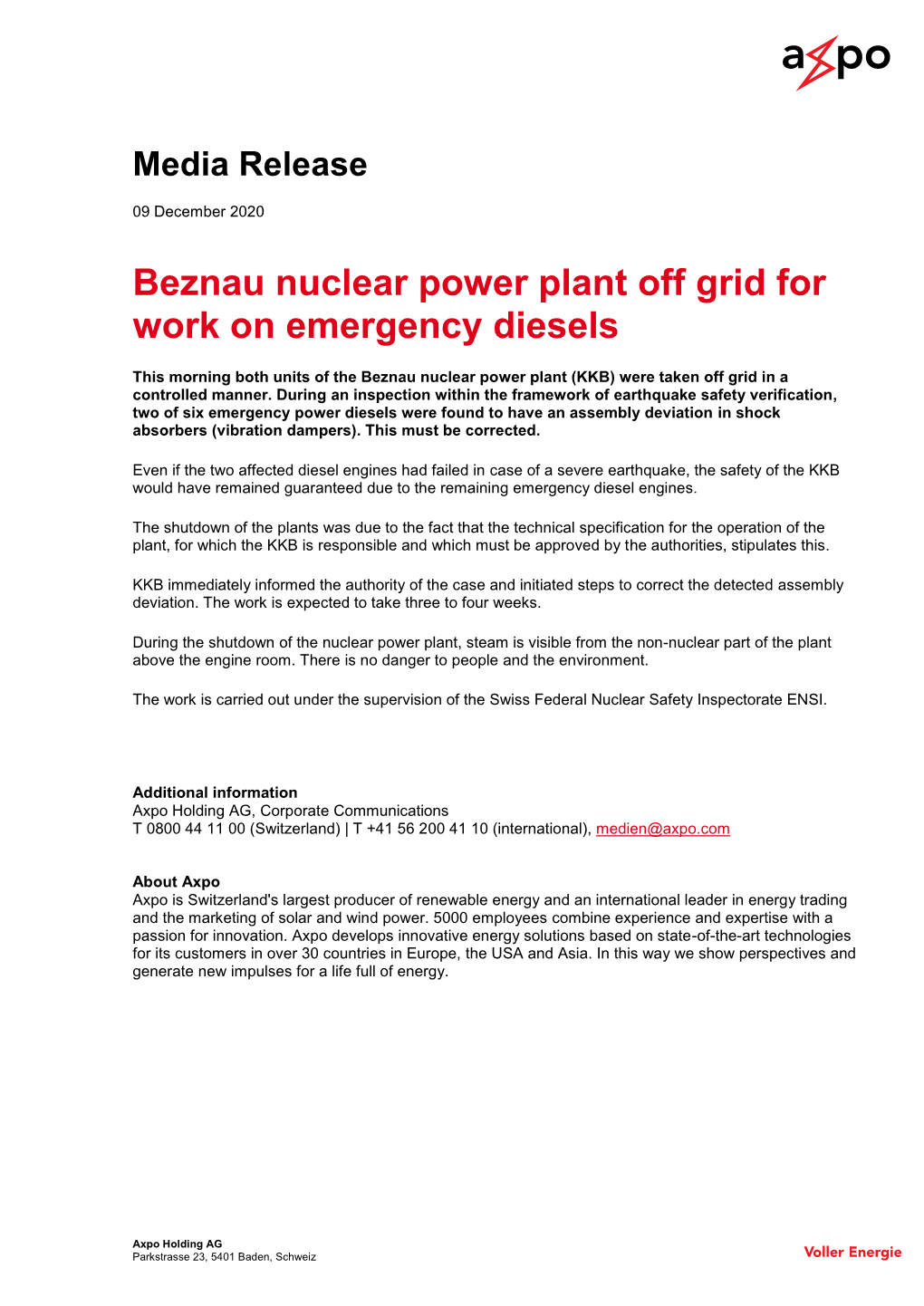 Beznau Nuclear Power Plant Off Grid for Work on Emergency Diesels