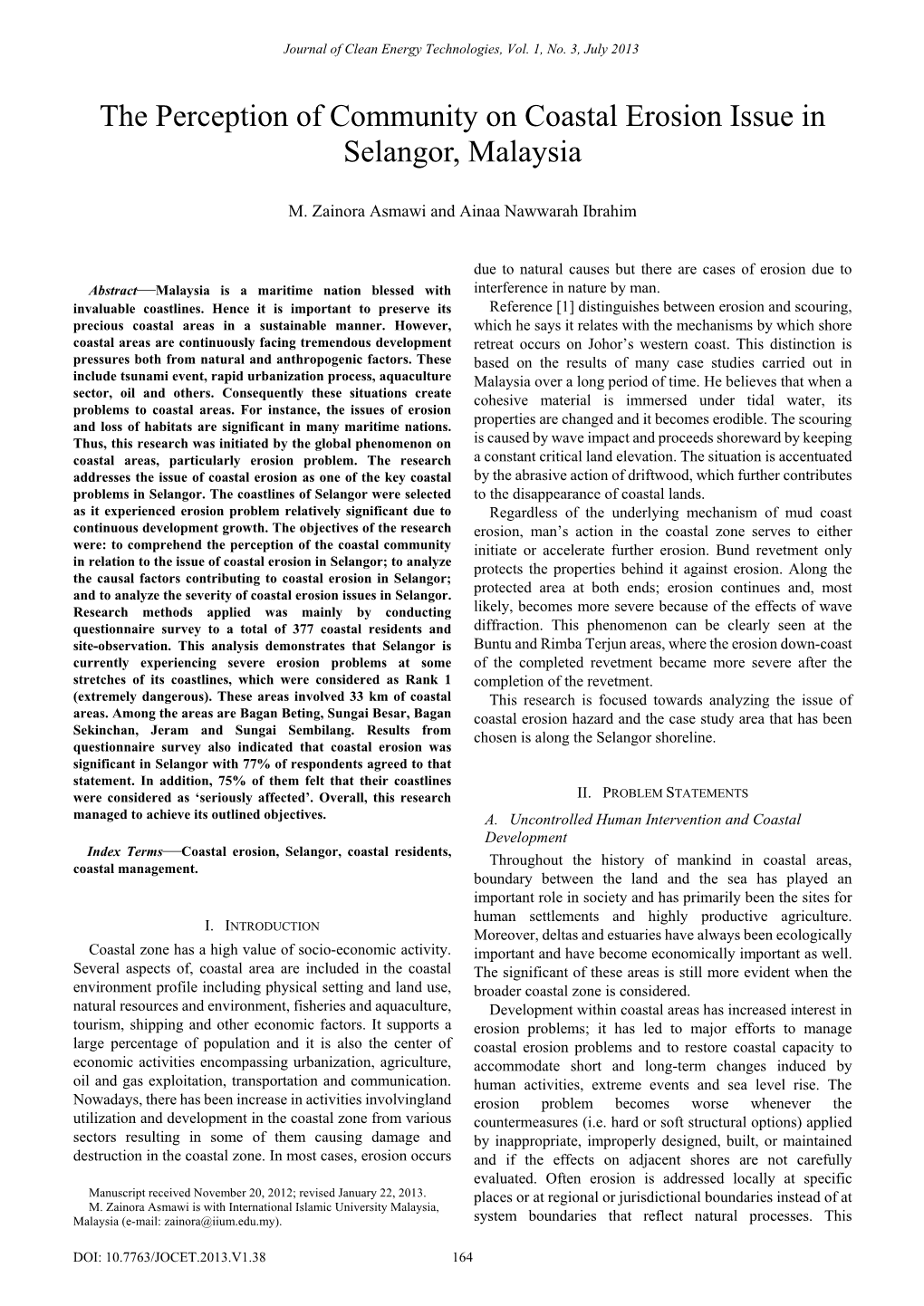 The Perception of Community on Coastal Erosion Issue in Selangor, Malaysia