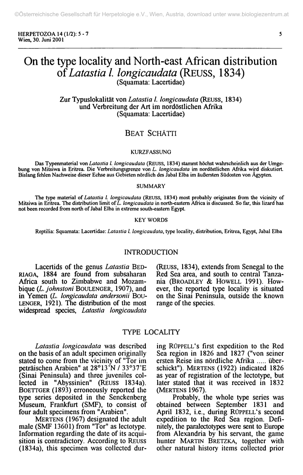 On the Type Locality and North-East African Distribution of Latastia I Longicaudata (REUSS, 1834) (Squamata: Lacertidae)