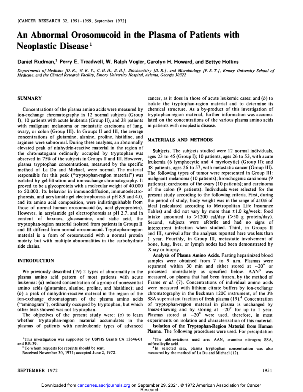 An Abnormal Orosomucoid in the Plasma of Patients with Neoplastic Disease'