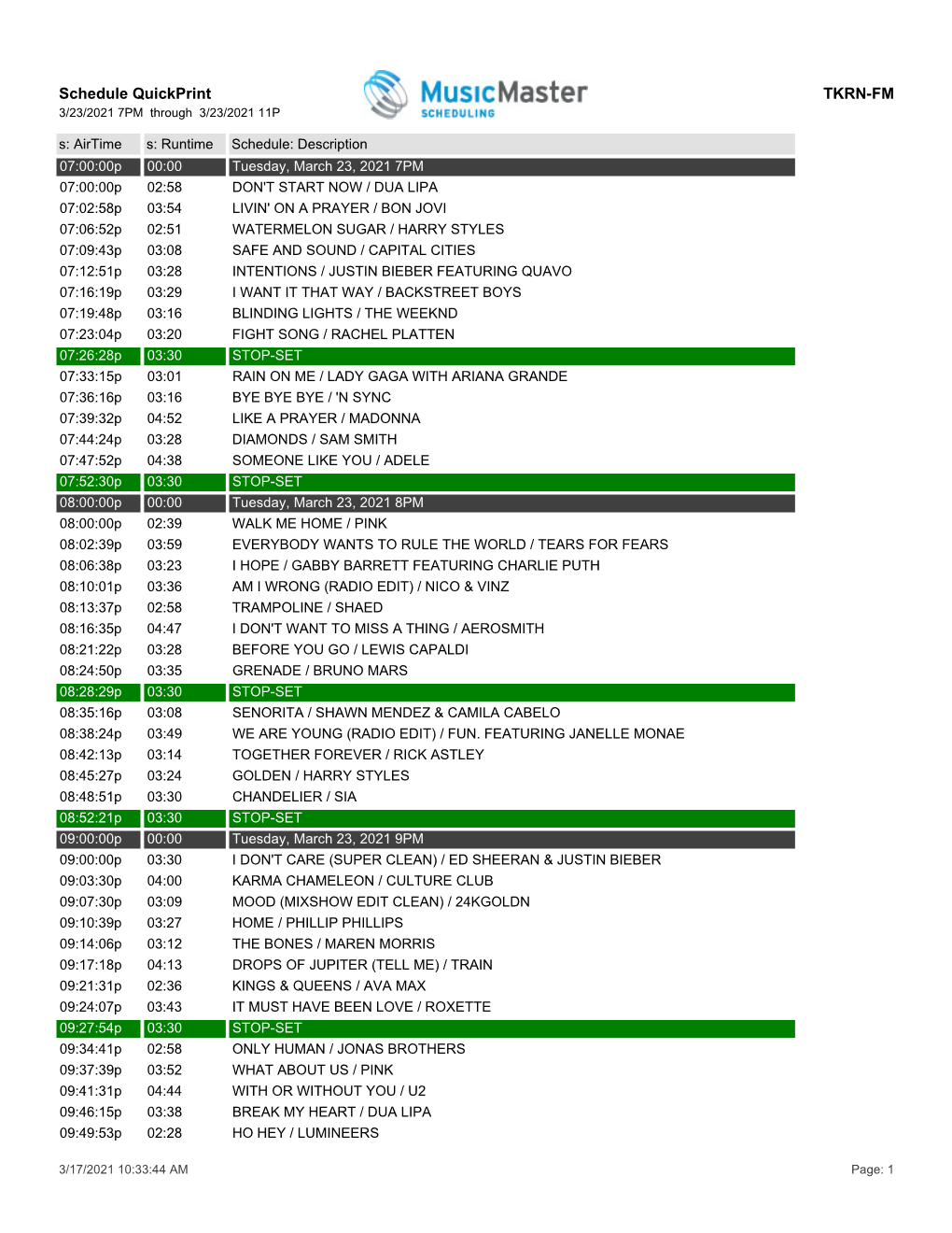 Schedule Quickprint TKRN-FM