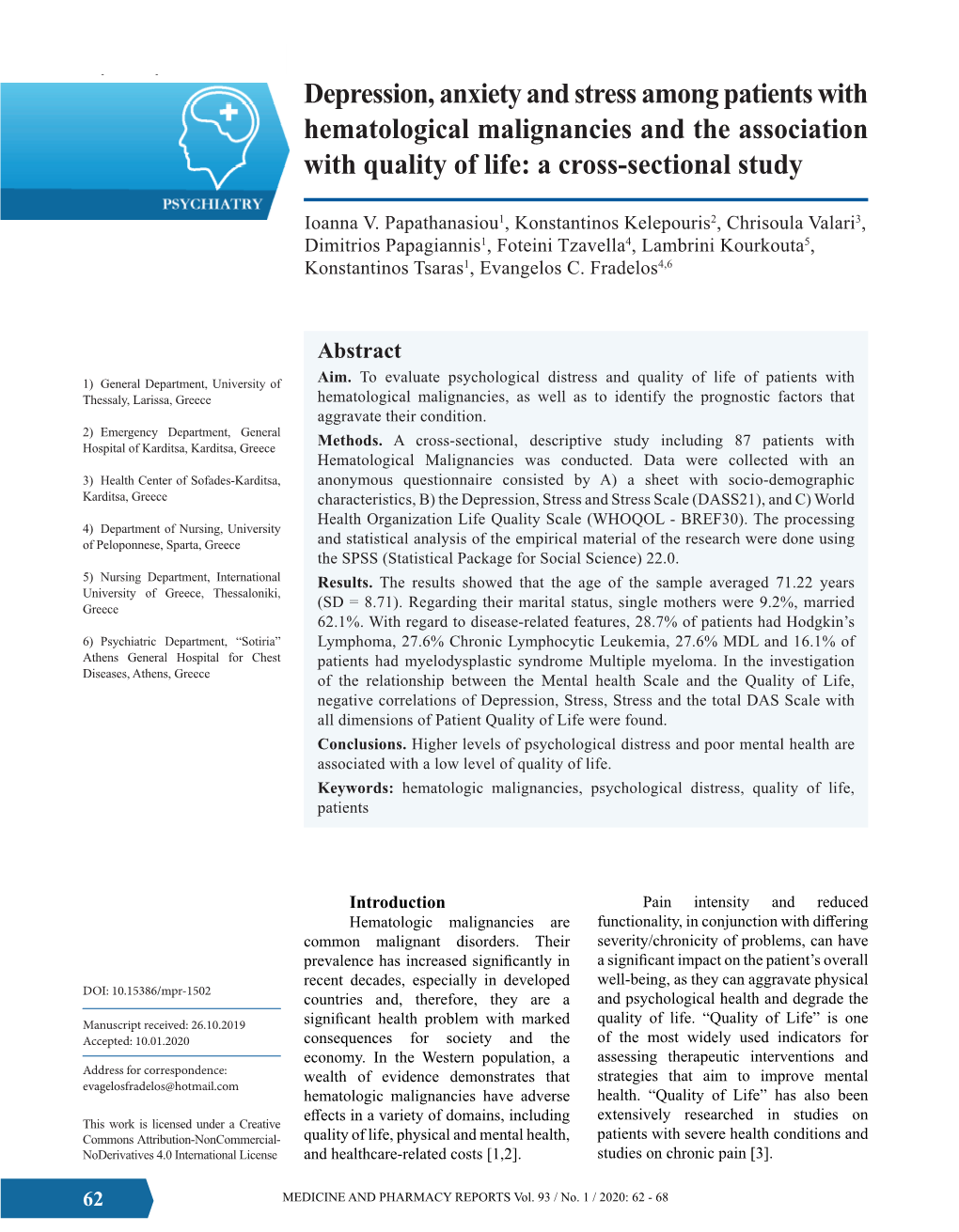 Depression, Anxiety and Stress Among Patients with Hematological Malignancies and the Association with Quality of Life: a Cross-Sectional Study