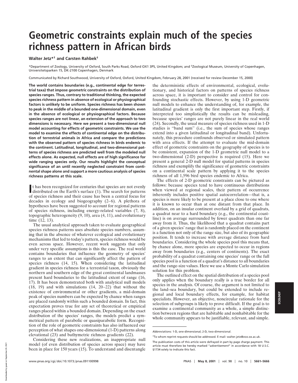 Geometric Constraints Explain Much of the Species Richness Pattern in African Birds