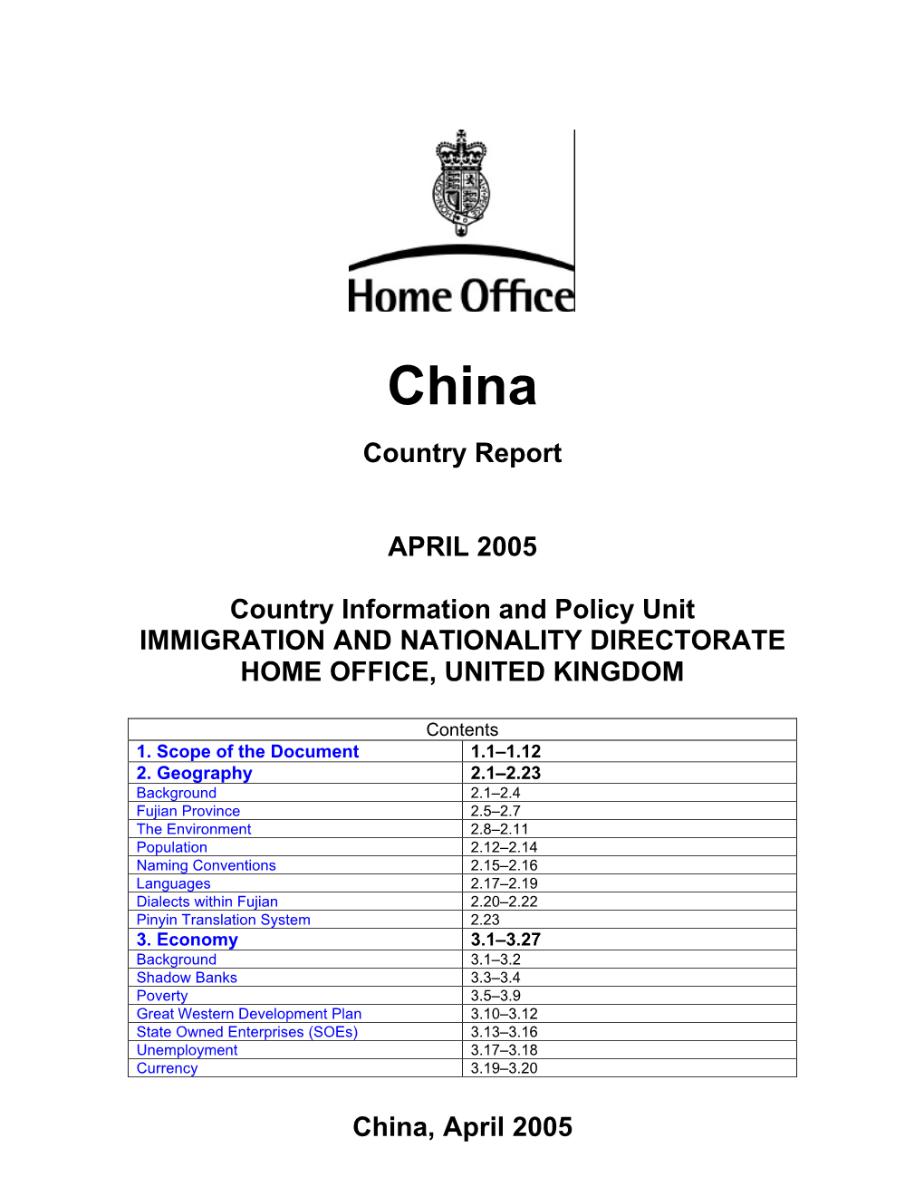 UK Home Office China Country Report April 2005