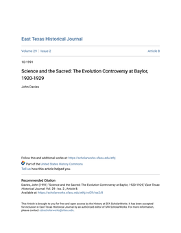 The Evolution Controversy at Baylor, 1920-1929