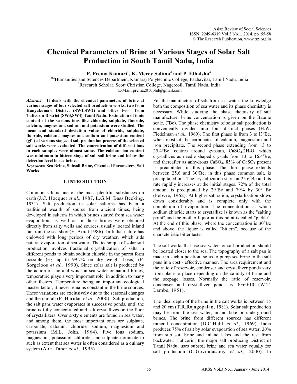 Chemical Parameters of Brine at Various Stages of Solar Salt Production in South Tamil Nadu, India