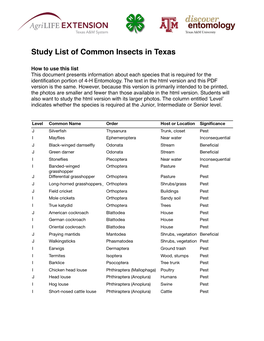 Study List of Common Insects in Texas