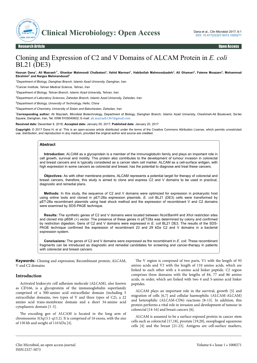 Cloning and Expression of C2 and V Domains of ALCAM Protein in E