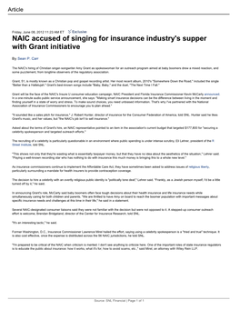 NAIC Accused of Singing for Insurance Industry's Supper with Grant Initiative