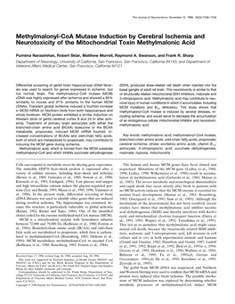 Methylmalonyl-Coa Mutase Induction by Cerebral Ischemia and Neurotoxicity of the Mitochondrial Toxin Methylmalonic Acid