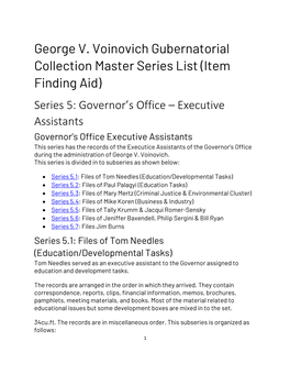 George V. Voinovich Gubernatorial Collection Master Series List