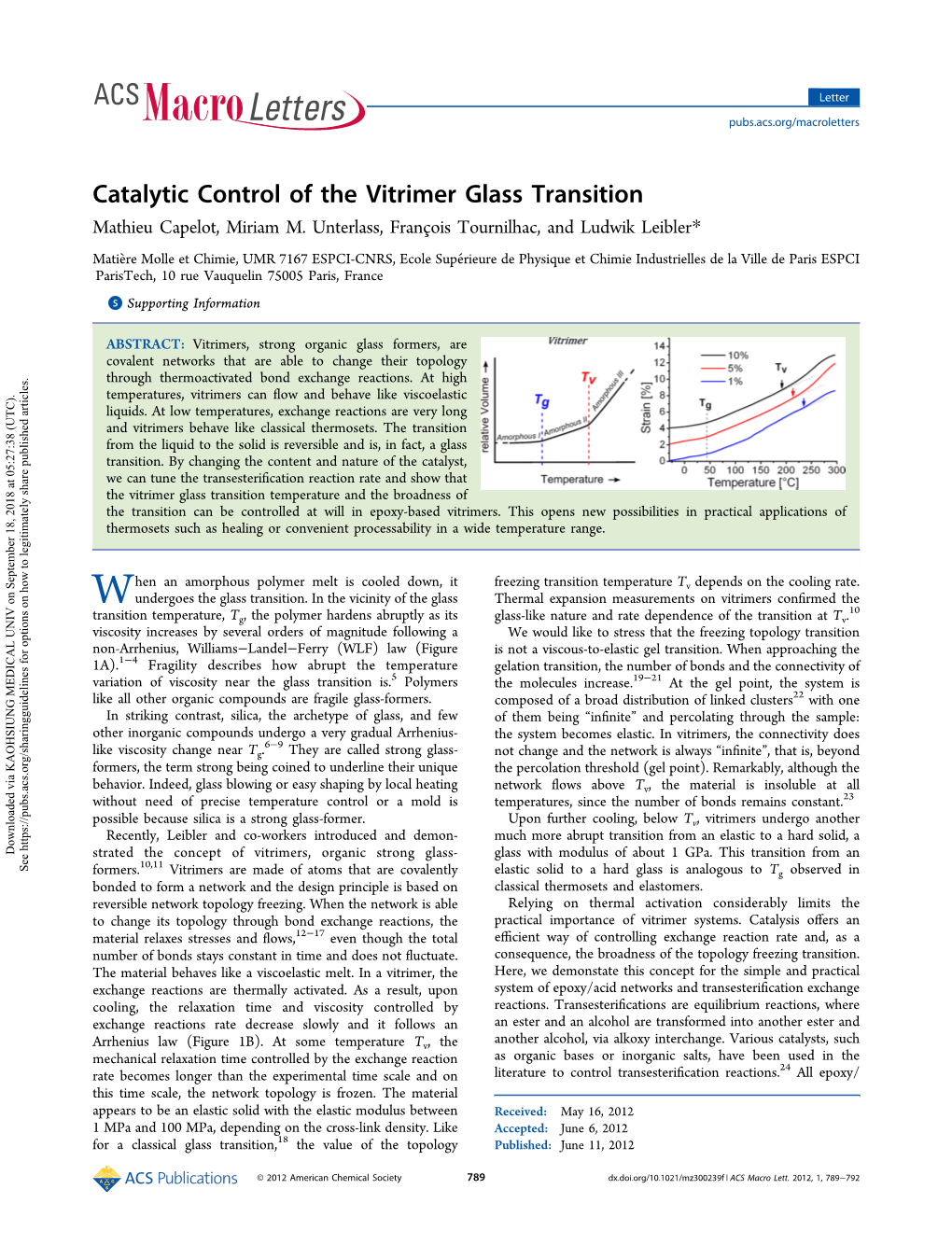 Catalytic Control of the Vitrimer Glass Transition Mathieu Capelot, Miriam M