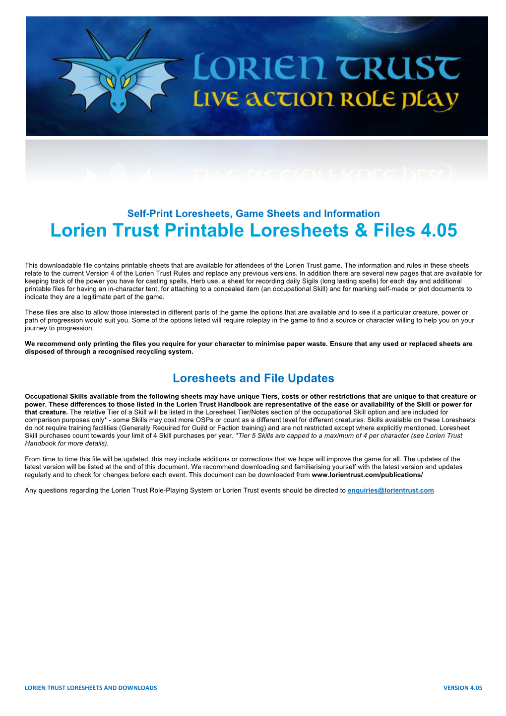 Lorien Trust Printable Loresheets & Files 4.05