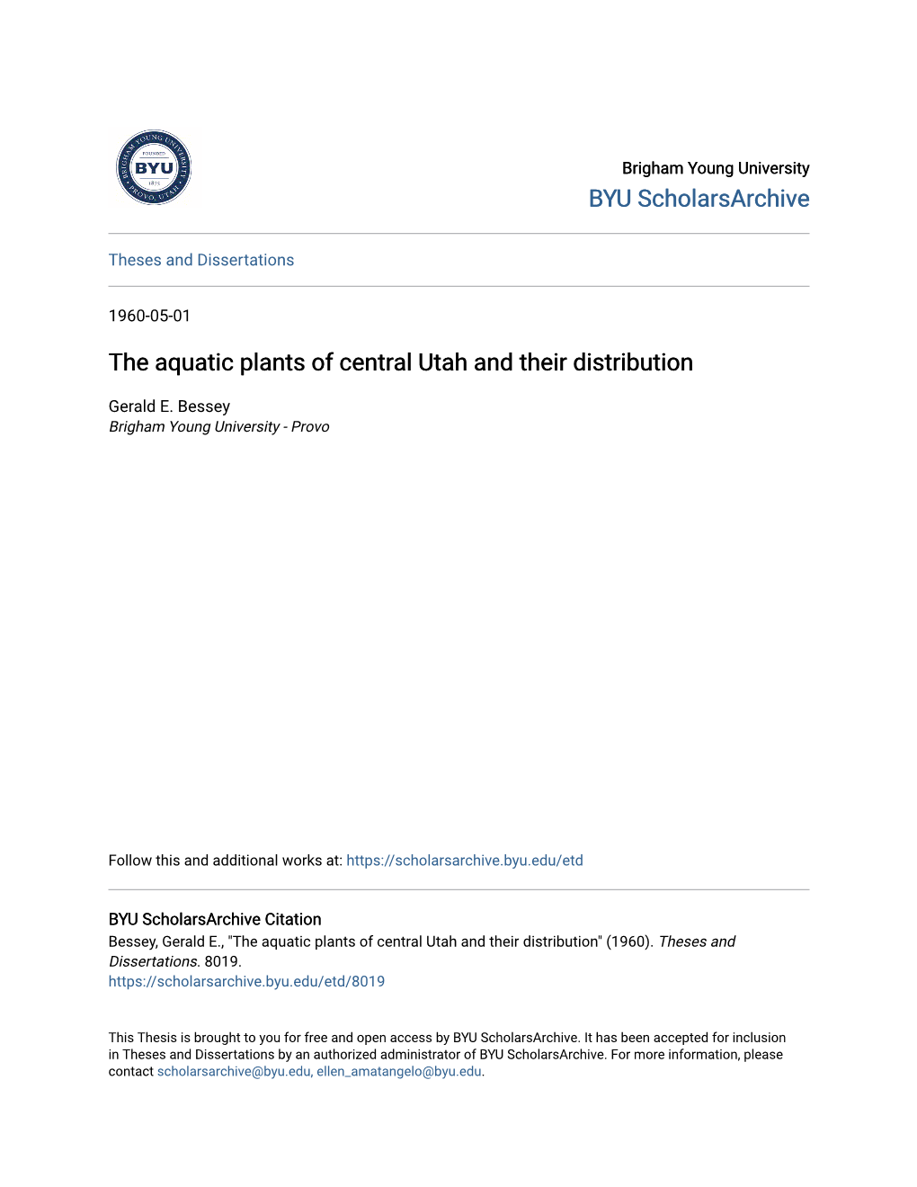 The Aquatic Plants of Central Utah and Their Distribution