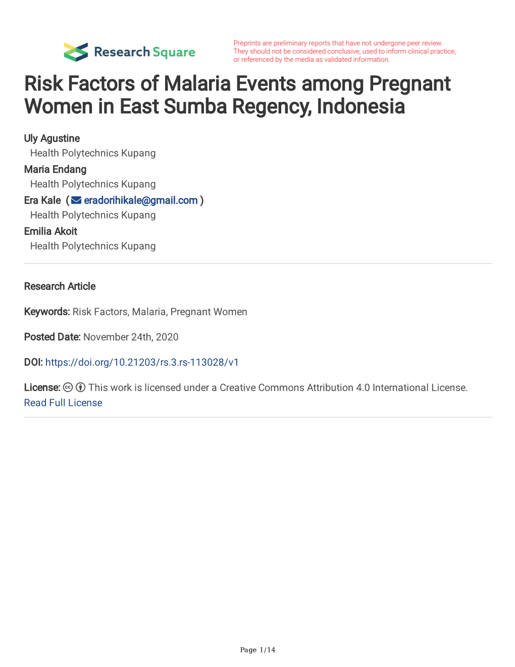 Risk Factors of Malaria Events Among Pregnant Women in East Sumba Regency, Indonesia