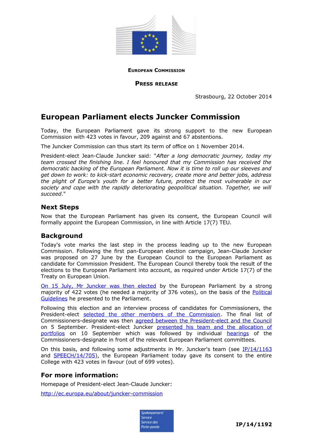 European Parliament Elects Juncker Commission