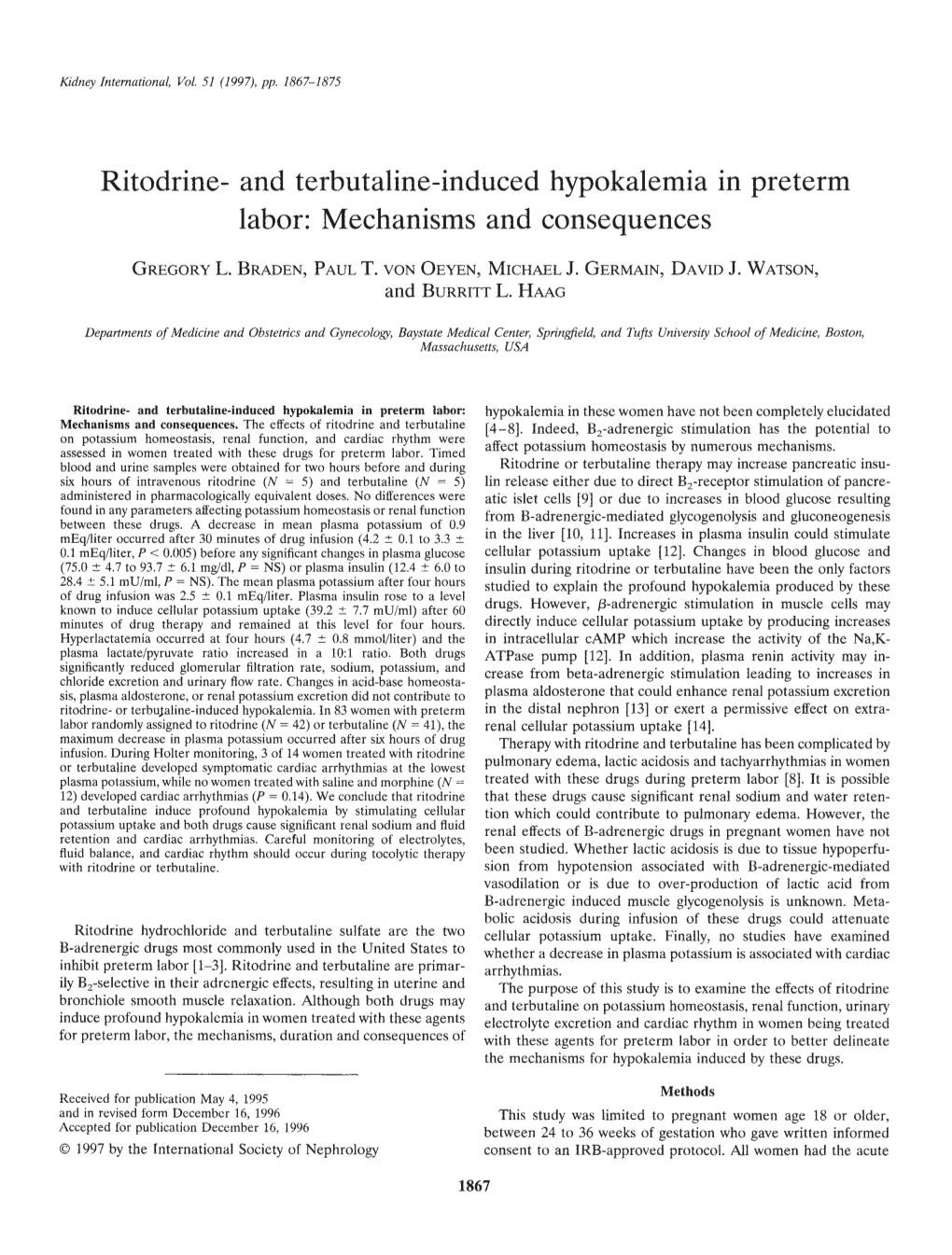 Ritodrine- and Terbutaline-Induced Hypokalemia in Preterm Labor: Mechanisms and Consequences