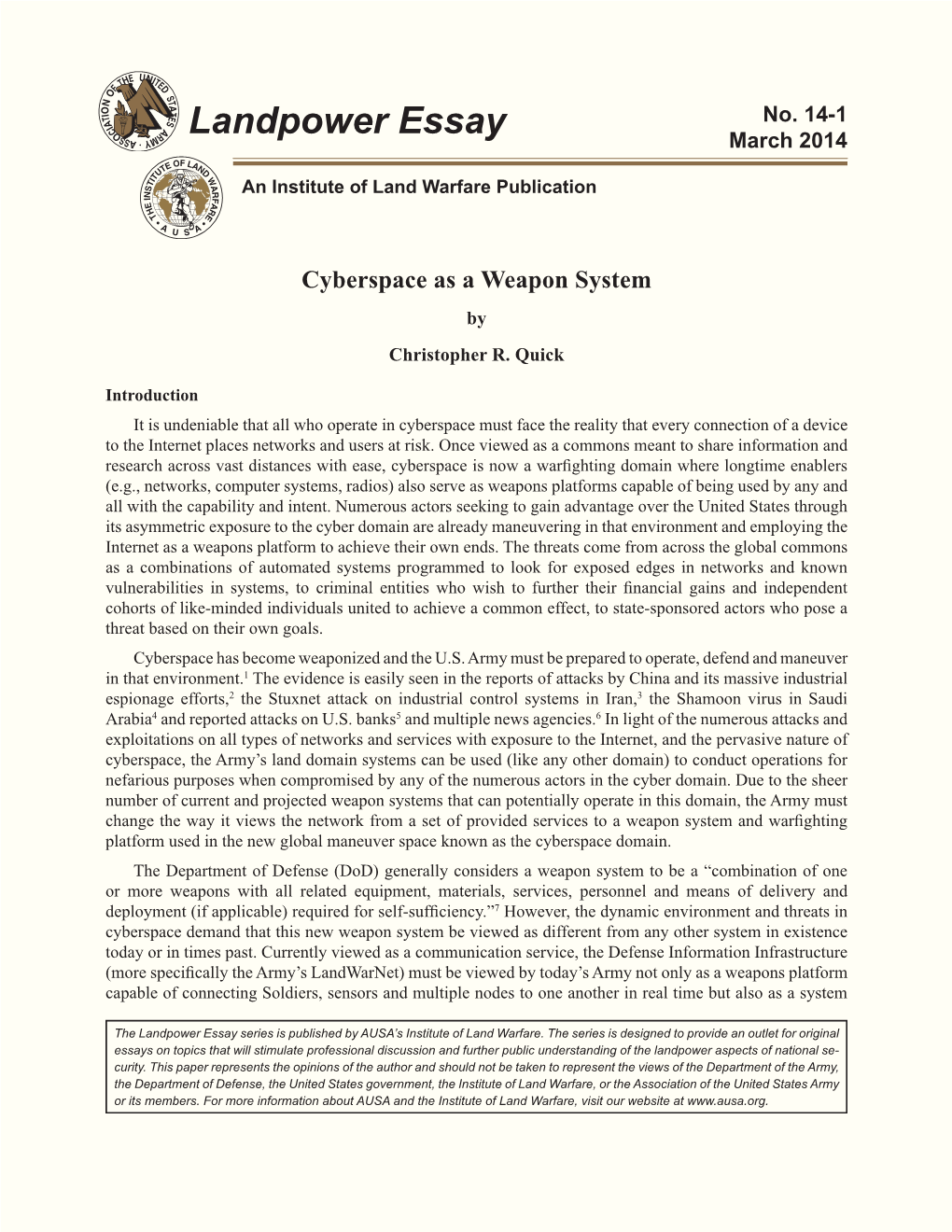 Cyberspace As a Weapon System by Christopher R